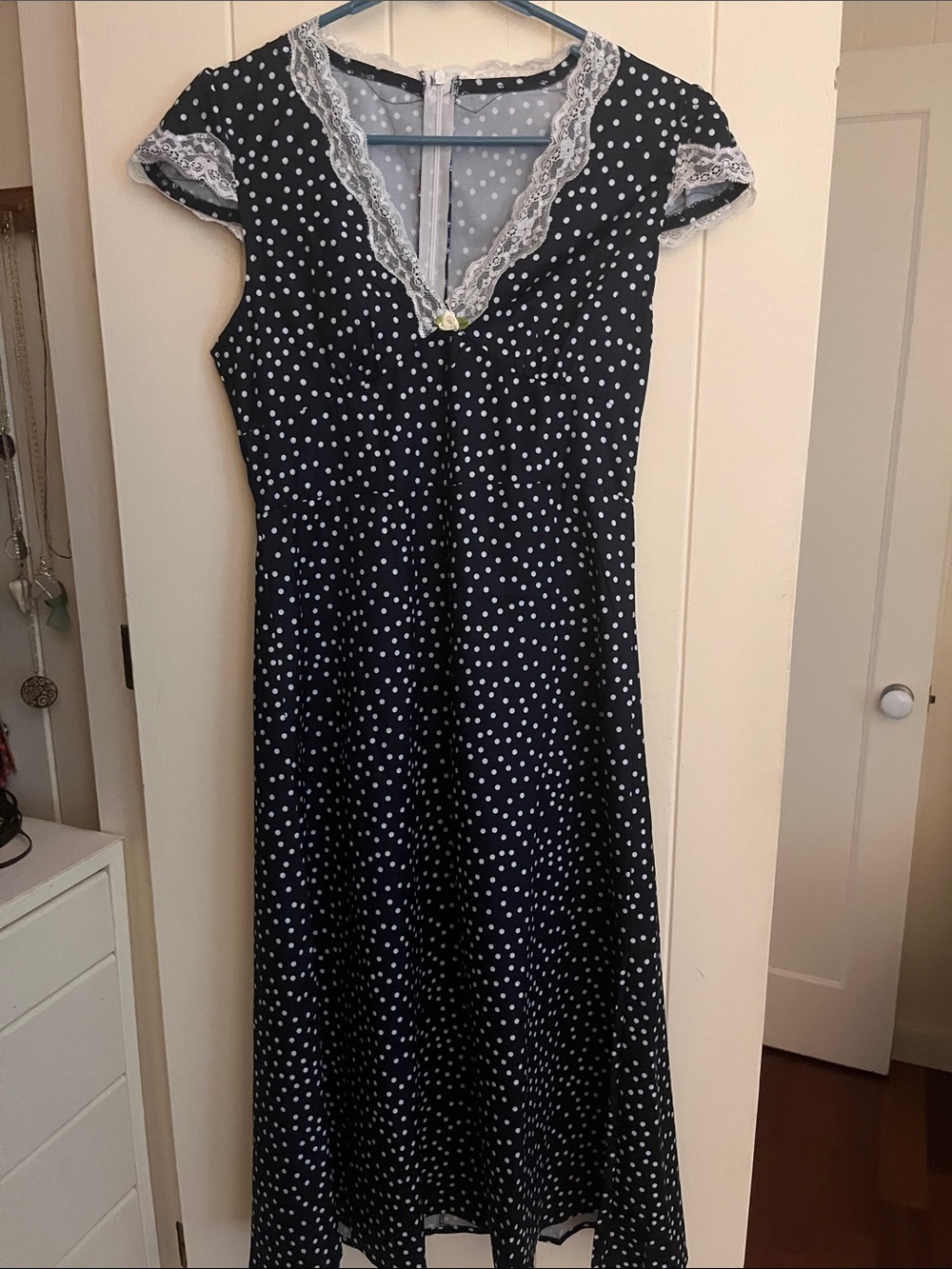 Polka Dot Cap Sleeve Dress with Lace Trim - Black/White